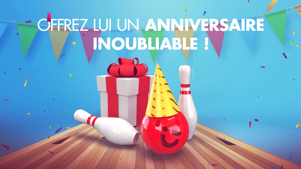 Affiche "Offrez lui un anniversaire inoubliable !" avec un décor festif et des confettis